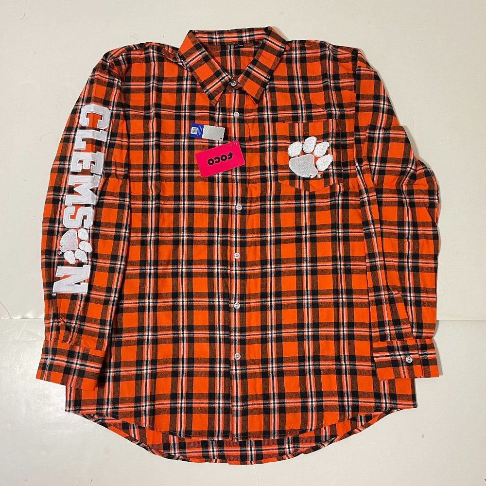 Clemson Tigers FOCO Mens Flannel Plaid Long Sleeve Button Up Shirt Pocket - New